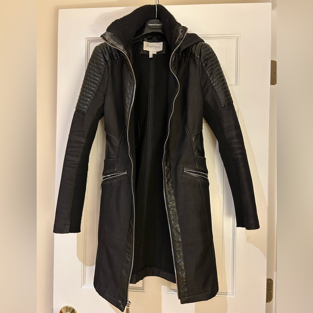 bebe Black Long Leather Jacket with Quilted Sleeves